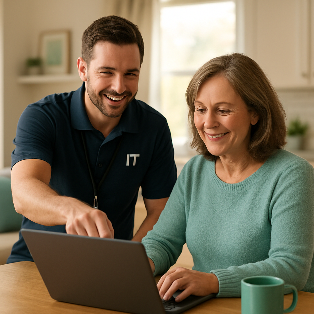 A friendly technician helping a homeowner with a laptop at their kitchen table